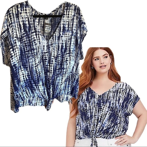 Torrid Tie Dye Peasant Blouse, Blue & White V-Neck, Challis Top …Boho Hippie - Picture 6 of 6